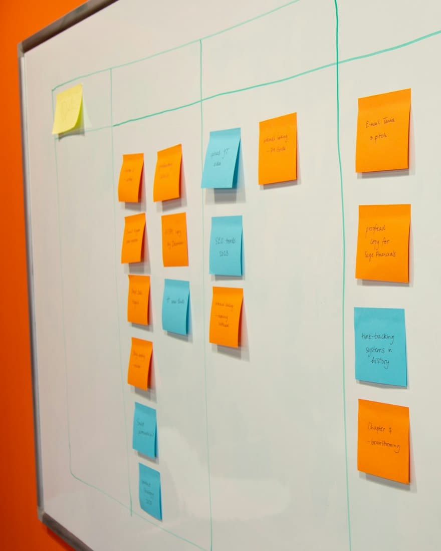 A planning board covered in sticky notes arranged in columns