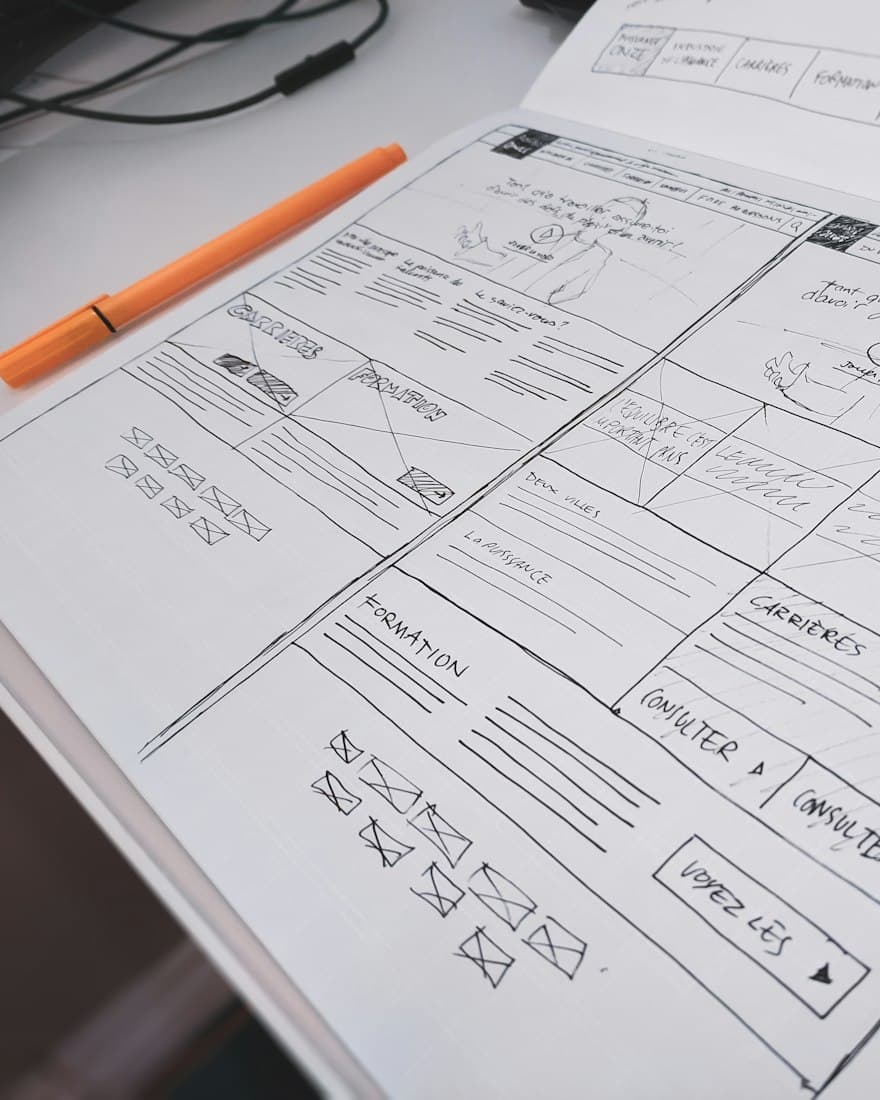 A hand-drawn website wireframe on paper