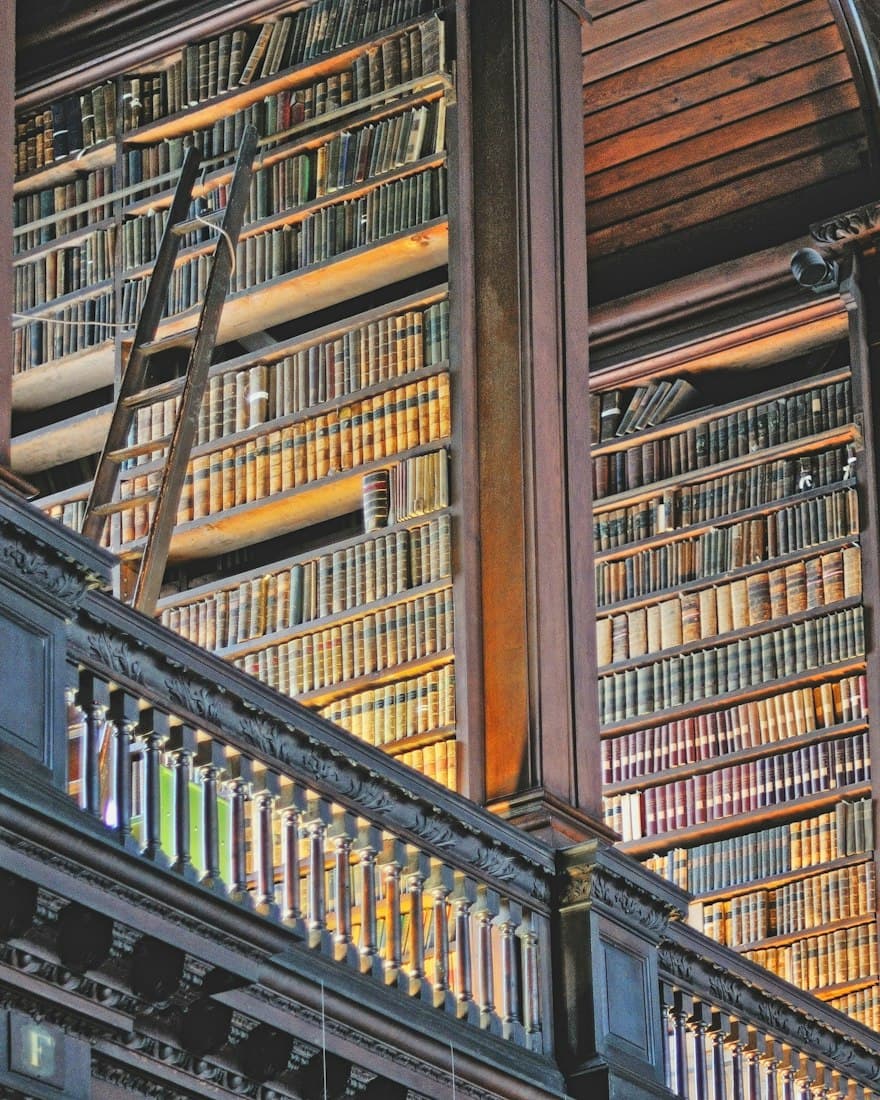 Tall library shelves packed with rows of old books
