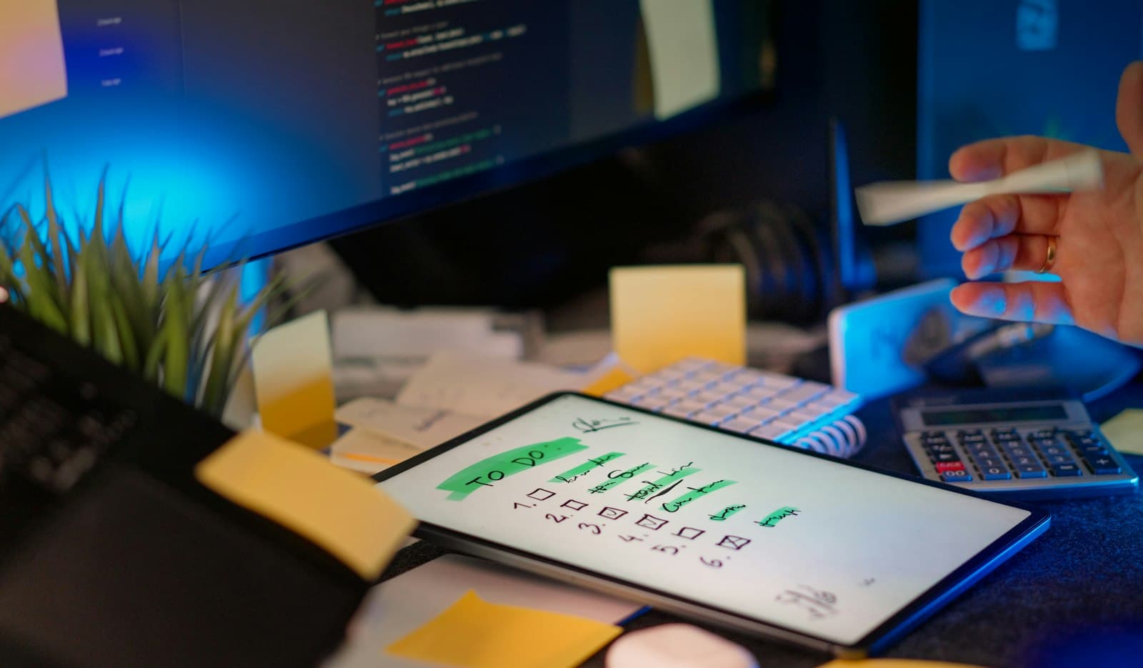 A developer's desk at night: code on a monitor, a tablet with a to-do list, and sticky notes